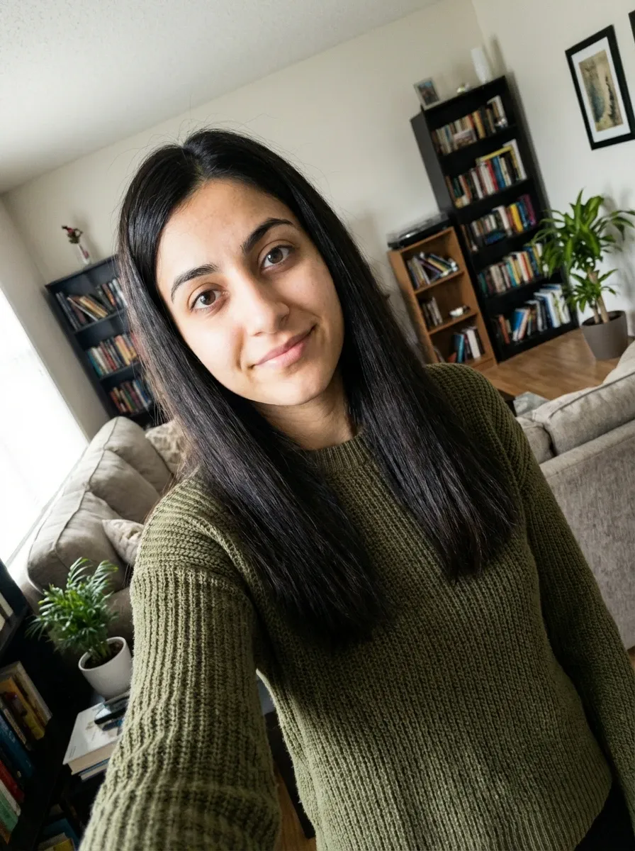 Original selfie input — woman in an olive green sweater indoors